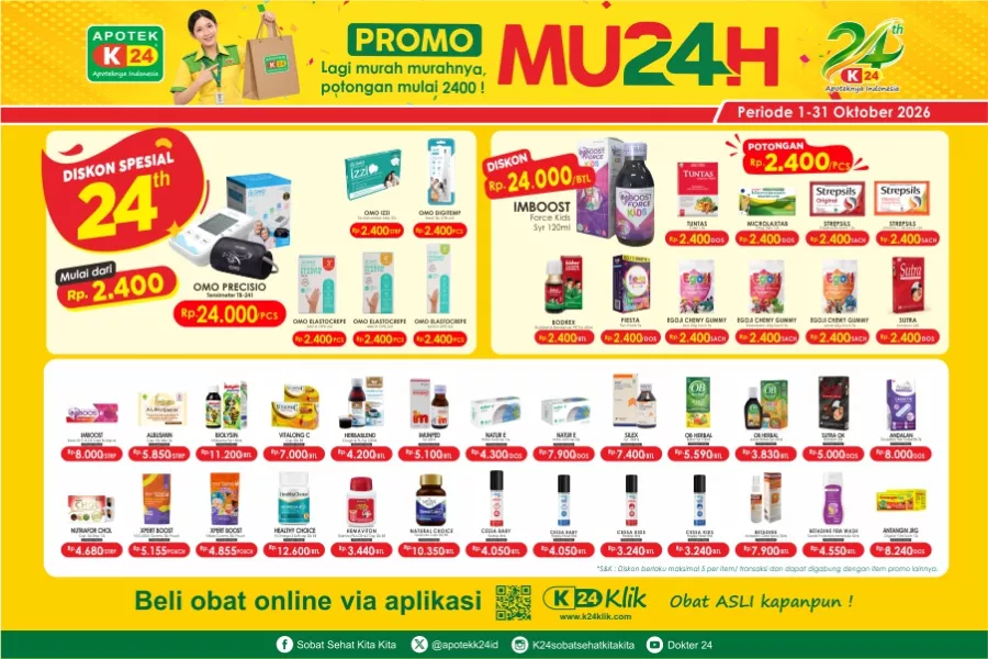 PROMO MU24H Oktober 2026 di Apotek K-24, Lagi Murah-murahnya, Potongan Mulai Rp2.400!